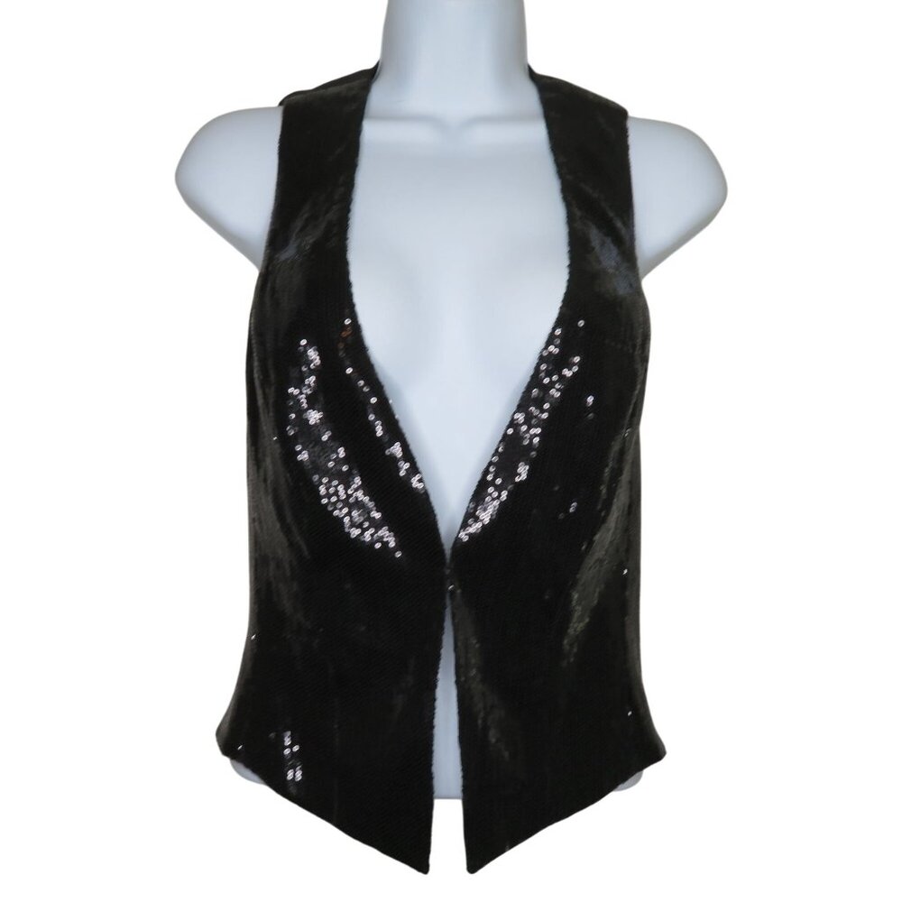 Vintage Cache Womens Sequined Black Open Front Vest Size 0 Party Festival Mod